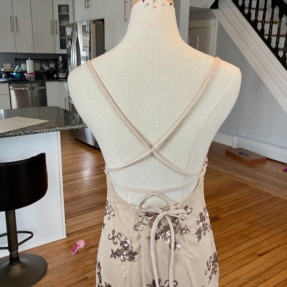 Champaing Color Mermaid Paillettes Sequins Strappy Maxi Prom Formal Ball Gown - Picture 6 of 8